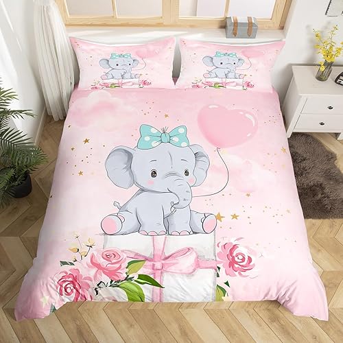 Juego de ropa de cama Kawaii con elefantes para niñas, funda de edredón rosa en acuarela para adolescentes, funda de edredón con patrón de estrellas