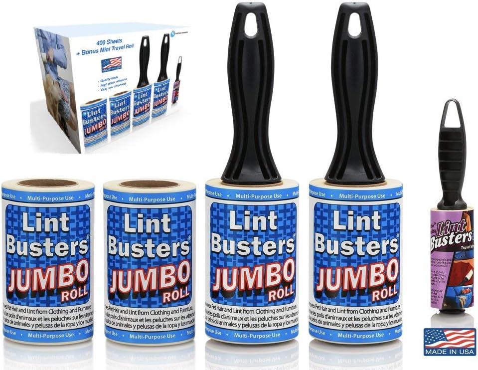 Jumbo Lint Rollers - Extra Sticky Pet Hair Remover for Clothes, Carpet, Furniture & Car - Dog/Cat Hair Lint Remover - 4 Rolls, 280 Sheets - Easy Peel, Everyday Essentials, Made in USA
