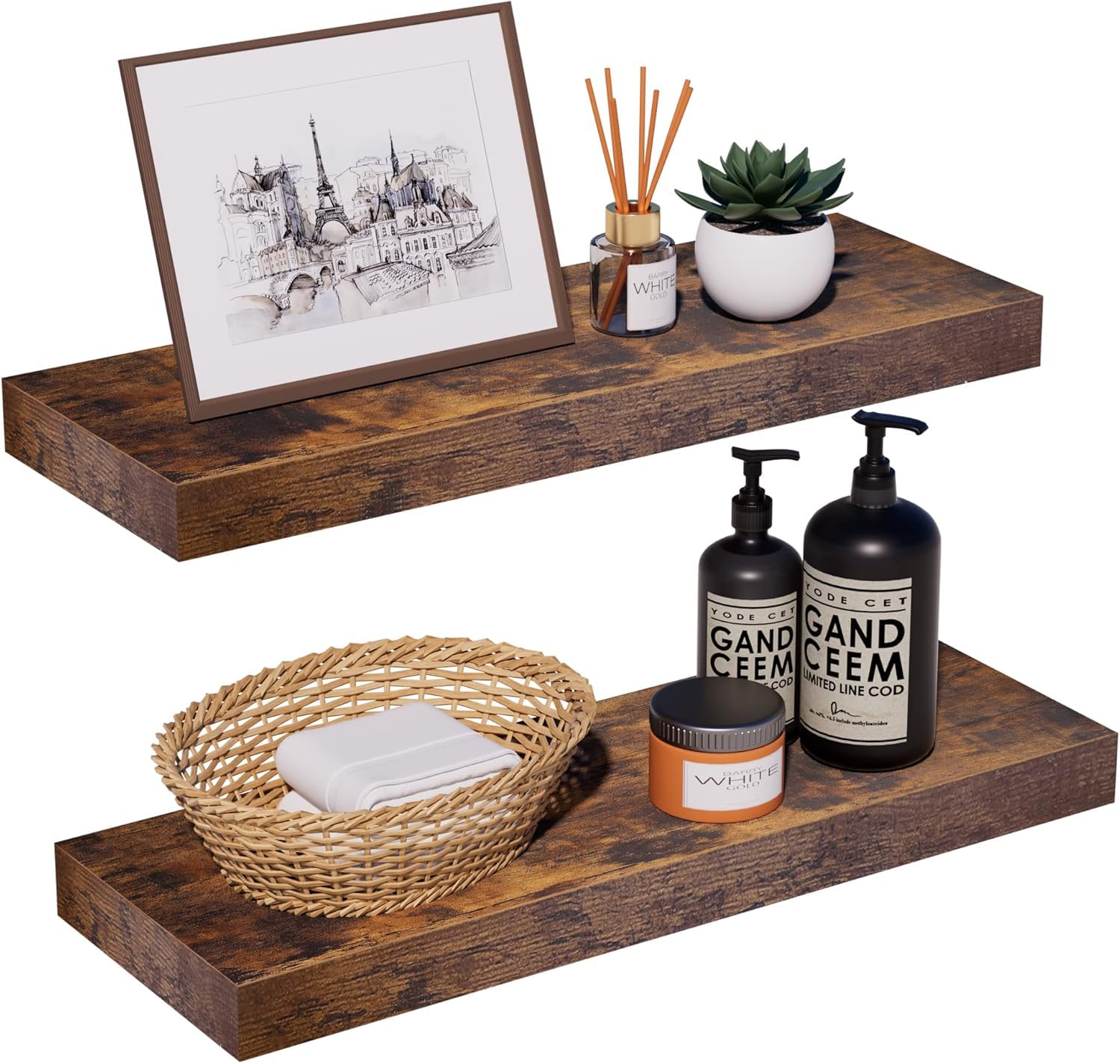 INHABIT UNION Rustic Brown Floating Shelves for Wall, 60cm Wall Mounted Display Ledge Shelves Perfect for Bedroom, Bathroom, Living Room and Kitchen Decoration Storage (Rustic Brown,60cm, Set of 2) — image 1