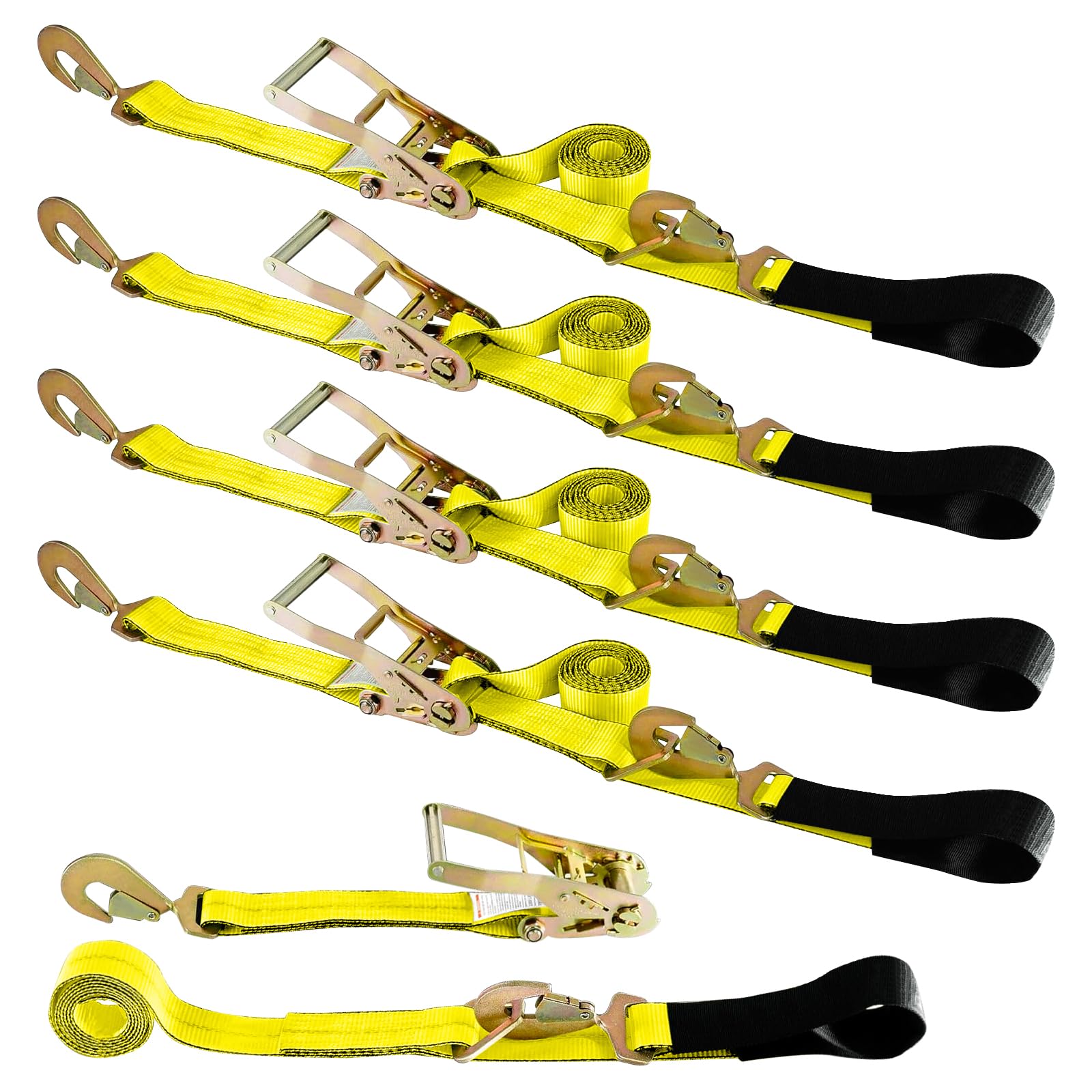 4 Axle Straps Car Hauler Trailer Auto Tie Down 4 Ratchet Straps Tow Kit - Made in USA (Yellow)