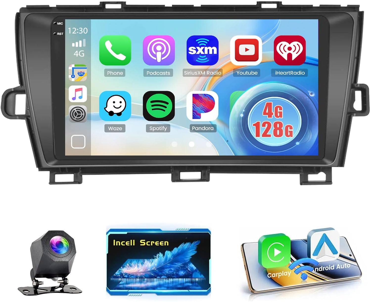 4G 128G Car Radio for Toyota Prius 2010-2015, 9'' Incell Full Touchscreen Stereo Android 15 Wireless CarPlay Android Auto Bluetooth 5G WiFi EQ FM RDS GPS WiFi SWC AHD Backup Camera