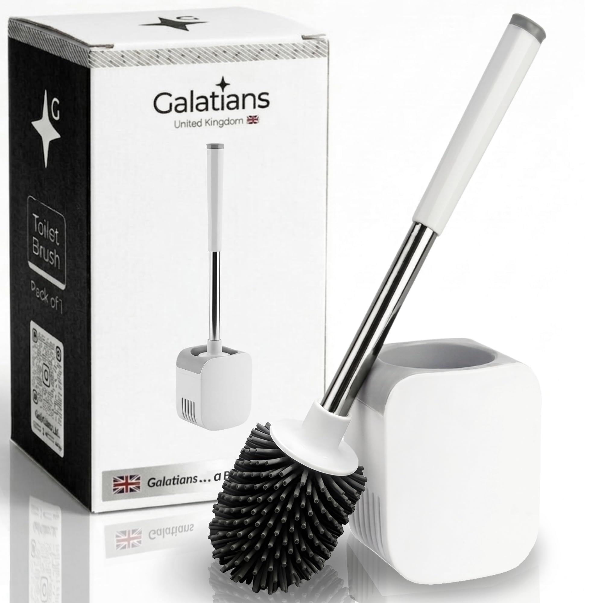 Toilet Brush and Holder Set | Silicone Freestanding or Wall Mounted Loo Brush | Hygienic TPR Bristles with Hidden Tweezers | White | Galatians®