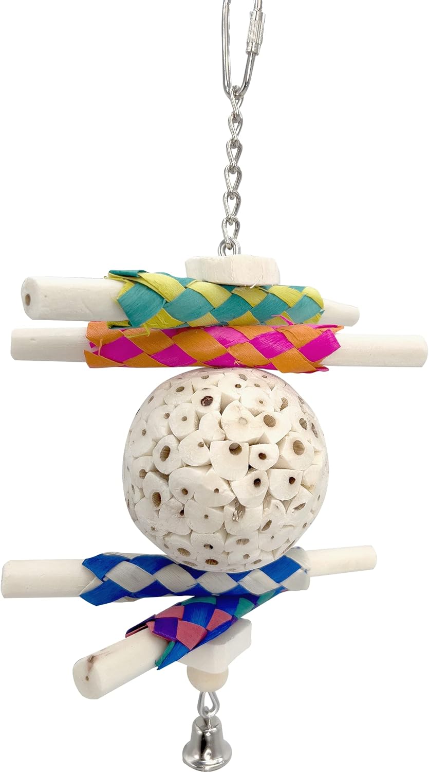 1115 Sola Stickler – Handcrafted Chewable Hanging Bird Toy, Natural Sola Wood Logs, Colorful Bamboo Finger Traps, Handmade Sola Wood Ball, Foraging Fun for Small Size Birds