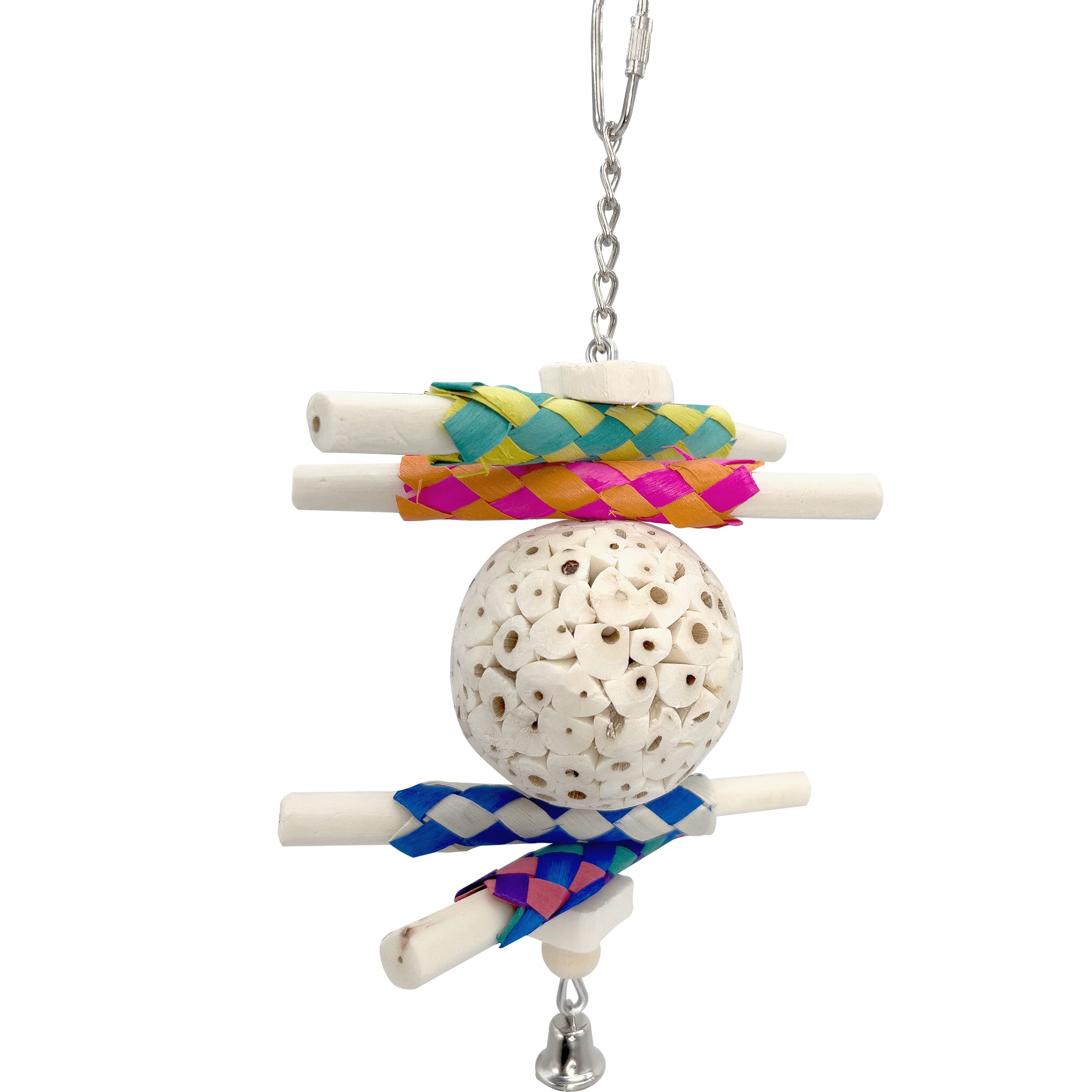 1115 Sola Stickler - Handcrafted Chewable Hanging Bird Toy, Natural Sola Wood Logs, Colorful Bamboo Finger Traps, Handmade Sola Wood Ball, Foraging Fun for Small Size Birds
