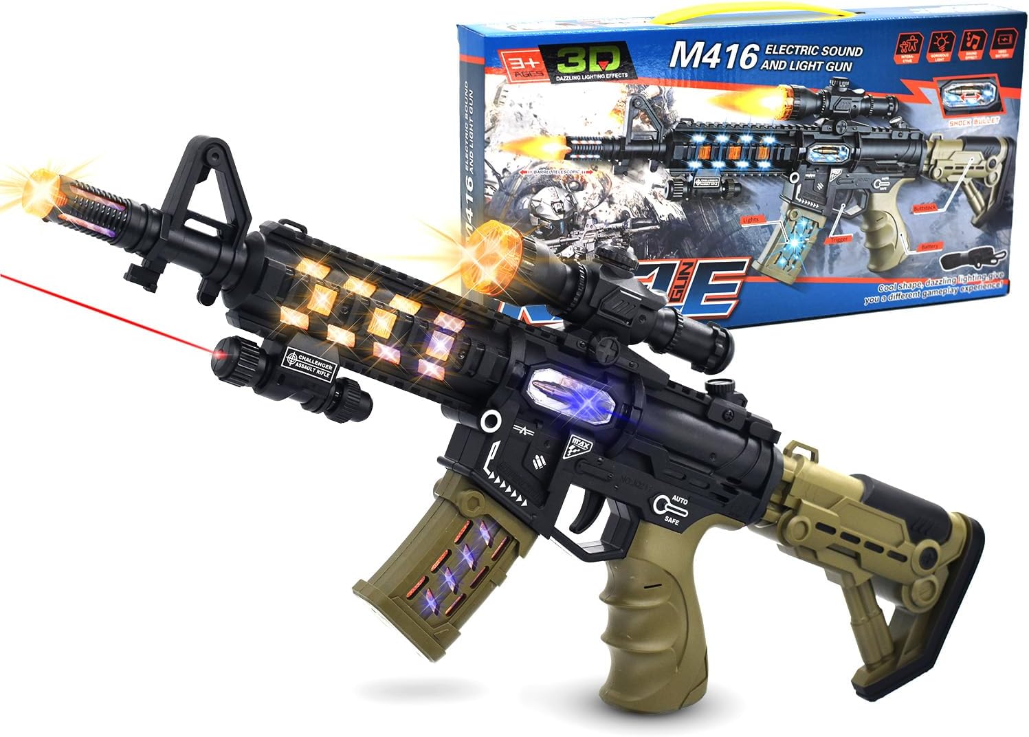 Toy Machine Gun Light Up Toy with LED Lights & Sound Effect & Barrel Telescopic Actions, Pretend Play Props Toy Guns, Gifts for Boys Kids (Batteries Not Included) (JQ211)