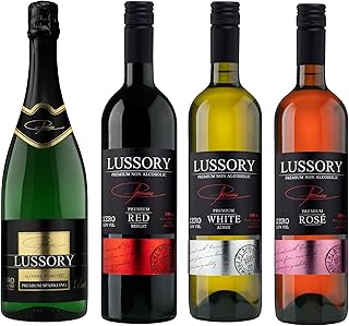 Lussory Premium Non-Alcoholic Wine Sampler Set (Merlot, Rose, Tempranillo, Brut) De-alcoholized from Spain (4 Bottles, 25.3 fl oz. Each) Halal Certified