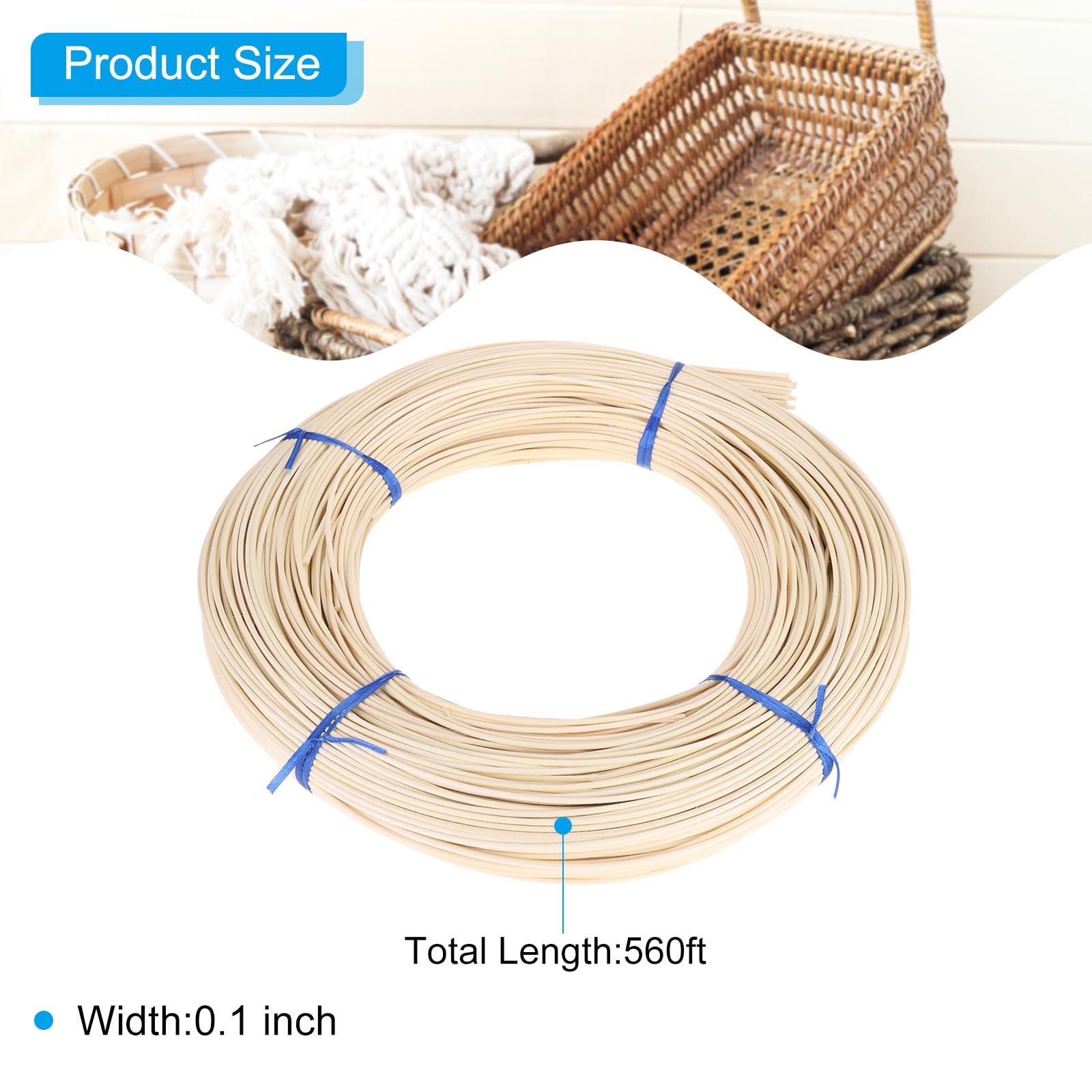 PATIKIL Rundes Reed-Spline 170,69 m x 2,5 mm, Rattan-Webrolle, Rattan-Reed-Spule für DIY-Möbelkorbweben, Flechtmaterial für Korbherstellung/Reparatur, Holz