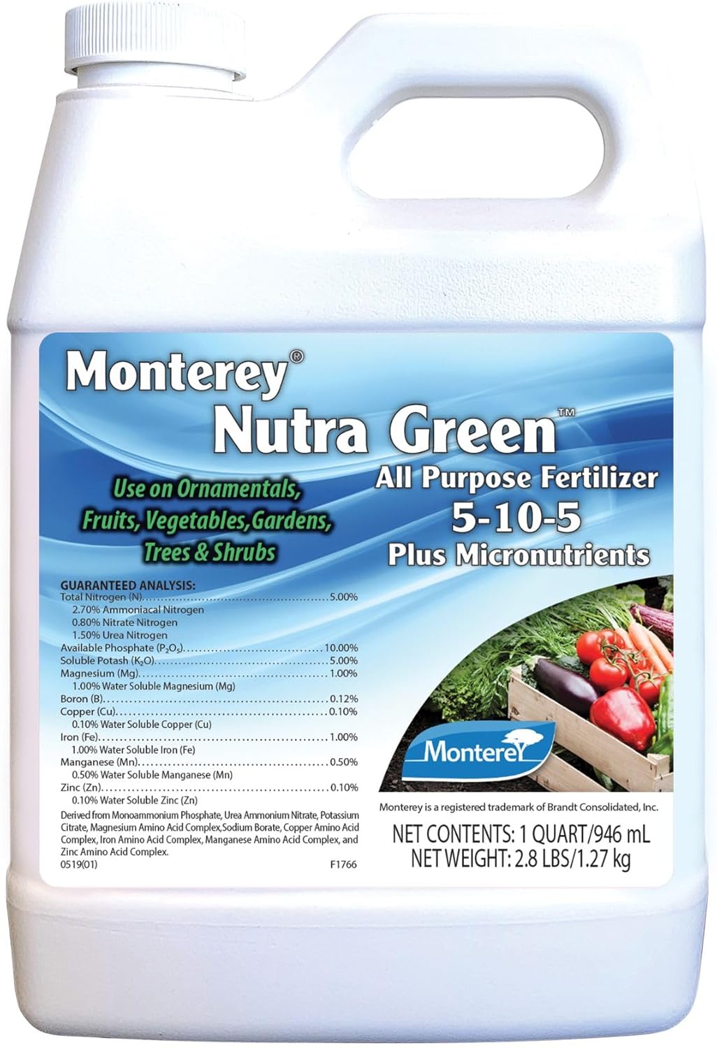 Monterey Nutra Green 5-10-5 + Micronutrients, Fertilizer for Ornaments, Fruits, Vegetables, Gardens, Trees & Shrubs, 1 Quart, Apply with Sprayer