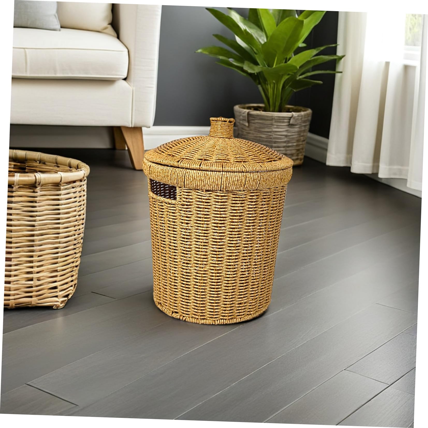 Cestino dei Rifiuti Leggero Intrecciato Rotondo con Coperchio in Pp e Struttura in Ferro e Decorativo, per Bagno e Camera