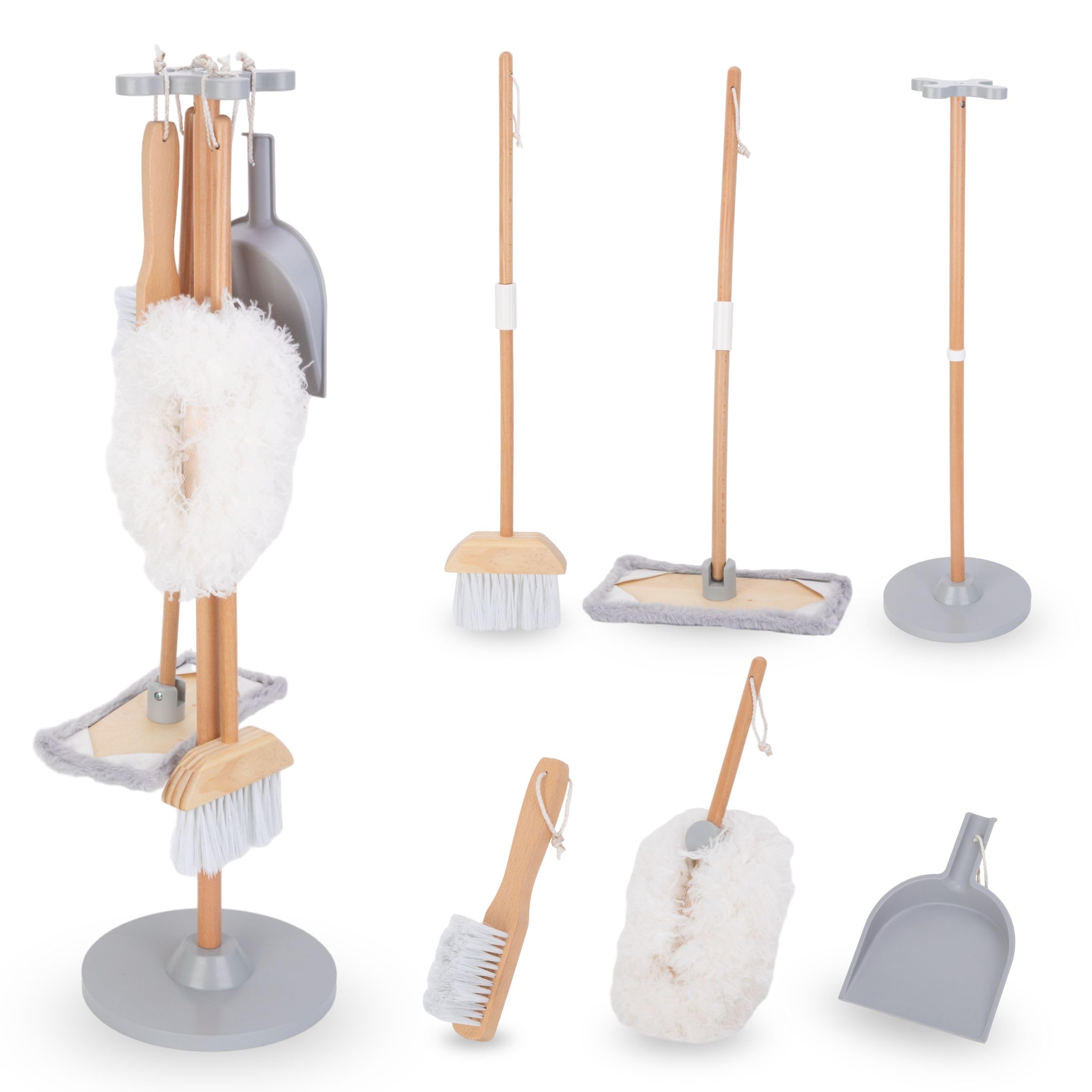 Mamabrum, kit de Nettoyage en Bois, Support de Rangement en Bois, Pelle, Balai, vadrouille avec Tampon Doux, plumeau, kit de Nettoyage pour Enfants, Balai pour Enfants