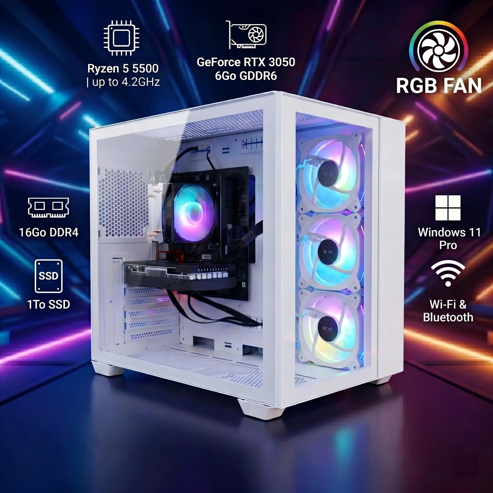 STGsivir PC Gaming, Ordenador de Sobremesa Gaming, GeForce RTX 3050 6GB GDDR6, Ryzen 5 5500 hasta 4.2 GHz,16GB DDR4,1TB SSD,WiFi 6,BT 5.0,Ventilateur RGB x3,Windows 11 Pro