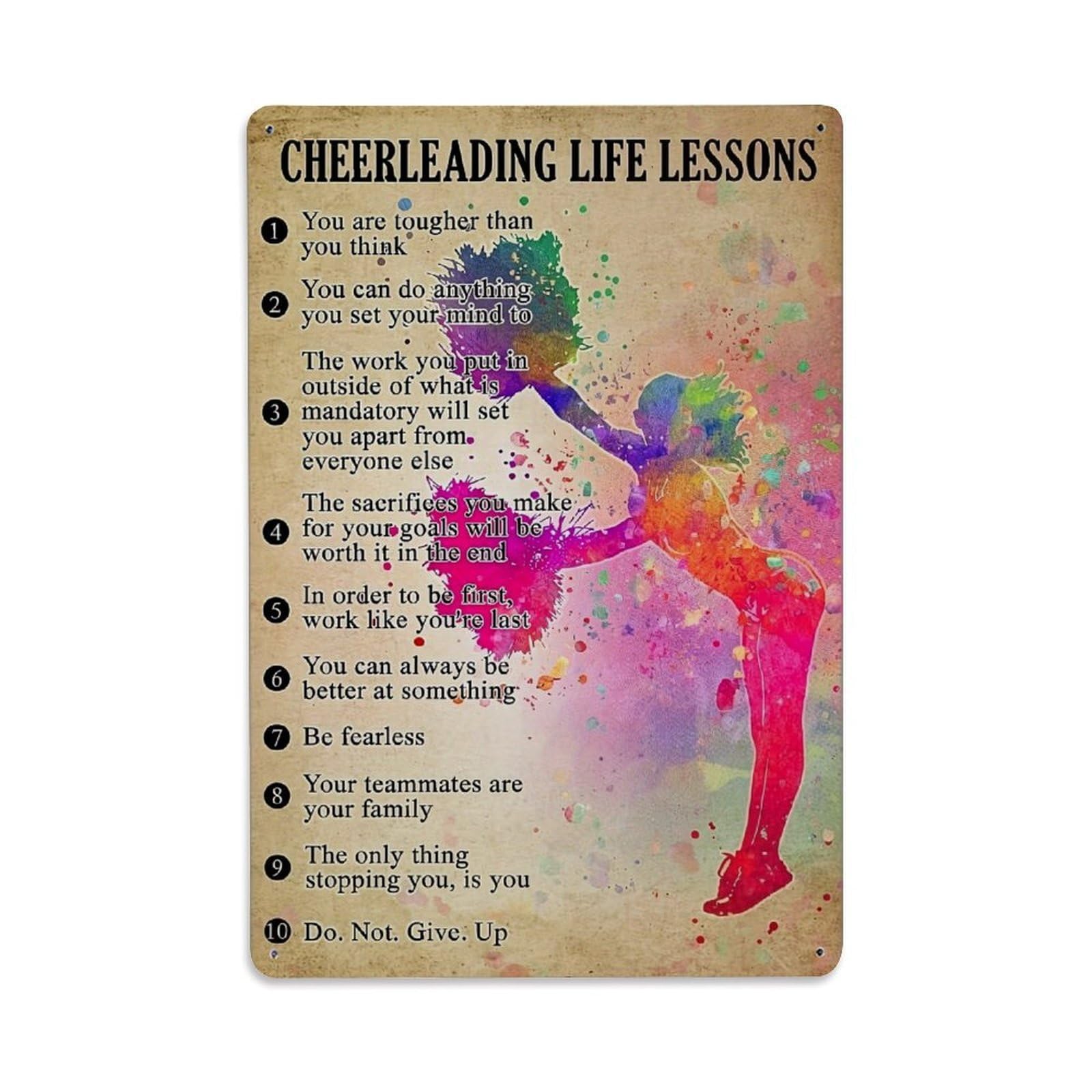 Bliveurn Vintage Cheerleading Life Lessons Poster Retro Metal Tin Sign, Metal Poster For Home, Gaming Room, Studio Workshop,Bar,Garage Wall Art Decor 8X12 Inch