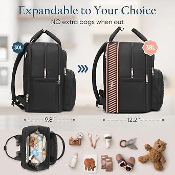 Qualyphant Diaper Bag Backpack - Expandable 35L Extra Large Diapers Bags for 2 Kids Twins, Quilted Baby Changing Backpacks