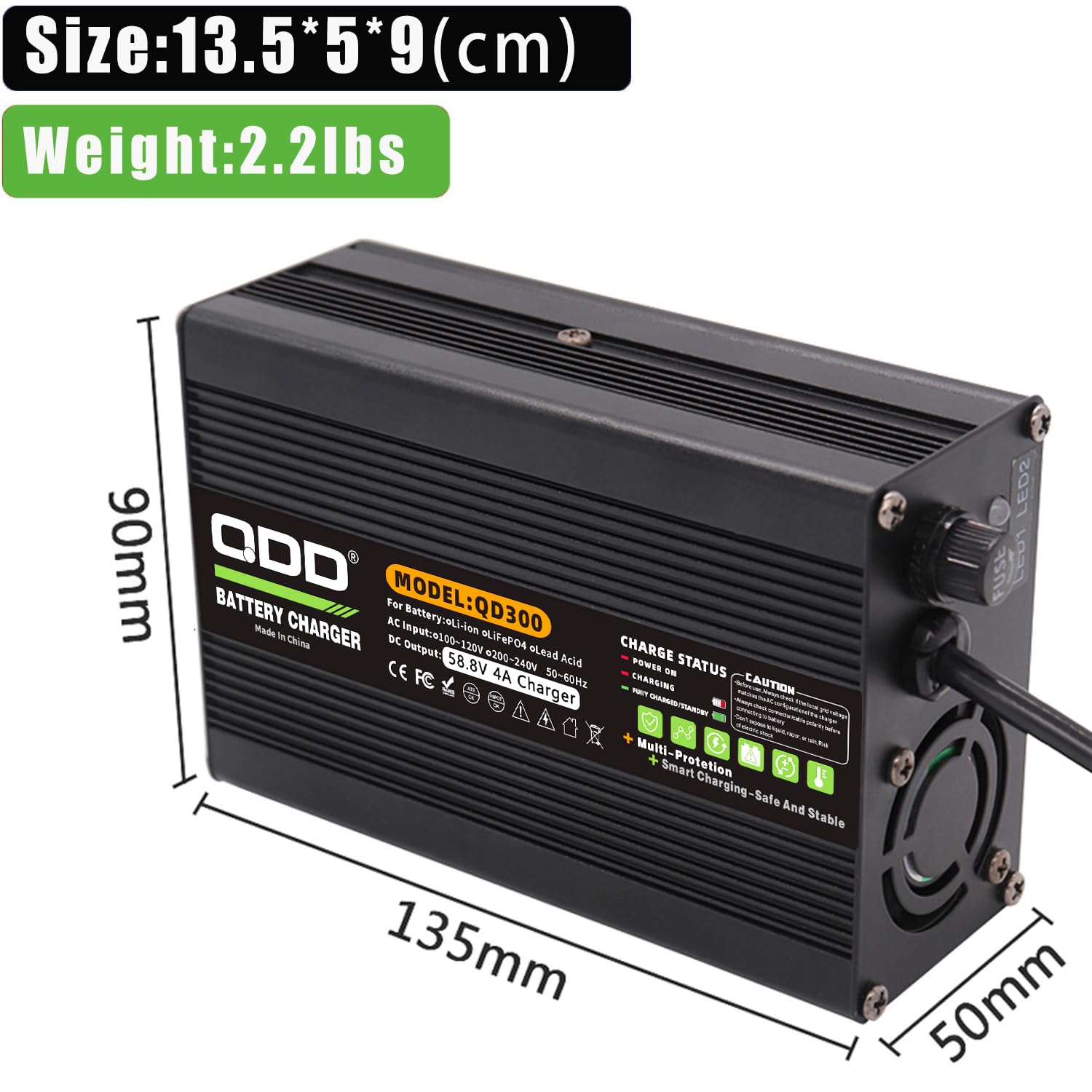 QDD Caricabatterie 58,8 V 4 A Caricabatterie agli ioni di litio 52 V in alluminio nero con uscita ventola di raffreddamento, connettore GX16-3 pin utilizzato per batteria al litio 14S 52 V