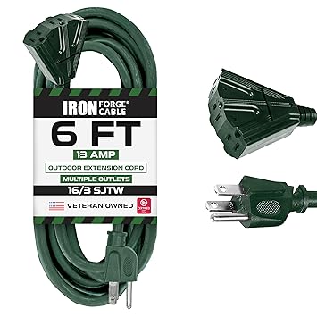 6 Foot Outdoor Extension Cord with 3 Electrical Power Outlets - 16/3 SJTW Durable Green Cable with 3 Prong Grounded Plug for Safety - Great for Powering Christmas Lights