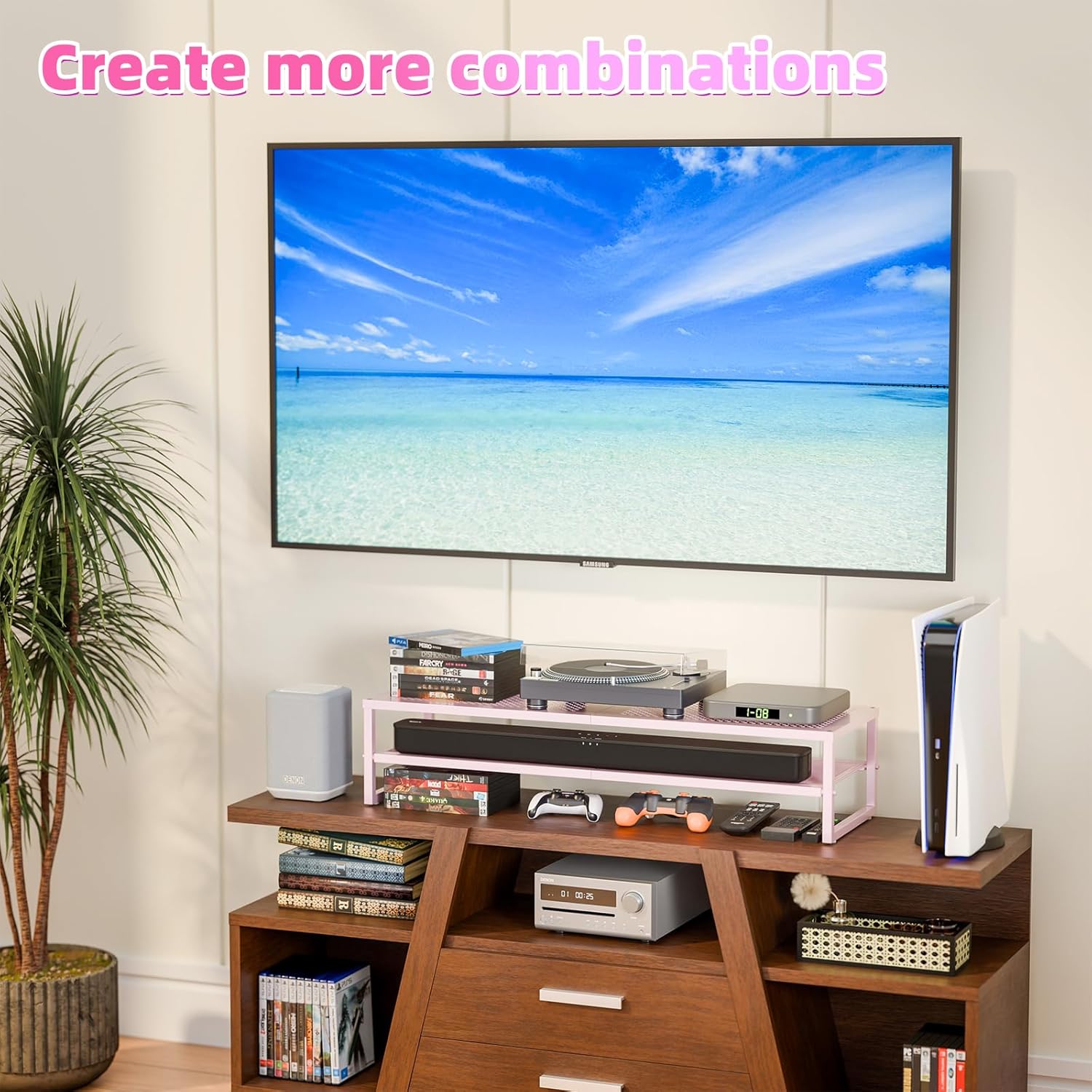 Simple Trending 2 Tier Metal Dual Monitor Stand Riser, Computer Office Desktop Organizer for 2 Monitors with 32"x10" Mouse Pad for Laptop, Printer, TV, Pink