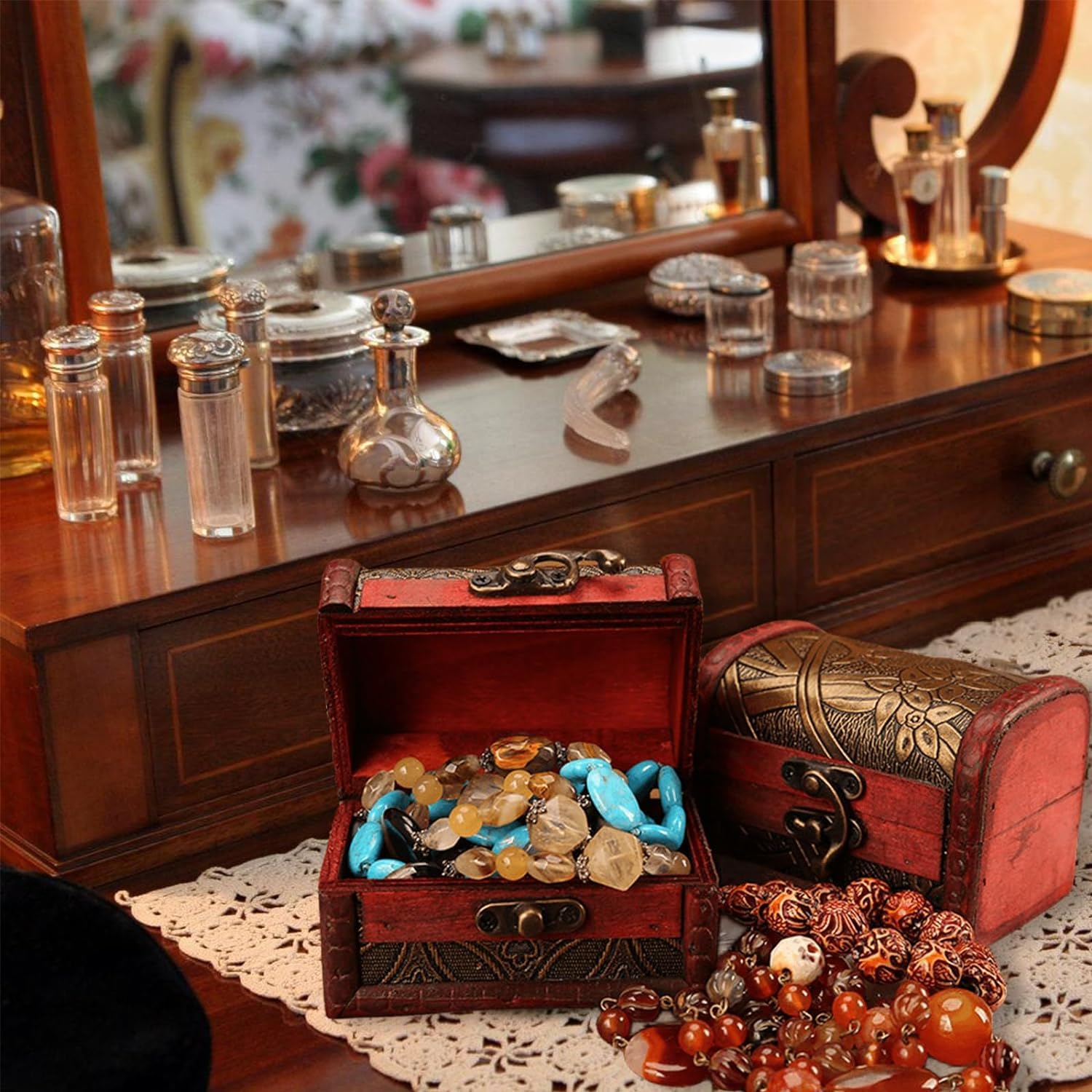 4 Mini Schatztruhen Aus Holz - Vintage Schmuckkästchen Für Ketten, Ringe & Kleinkram