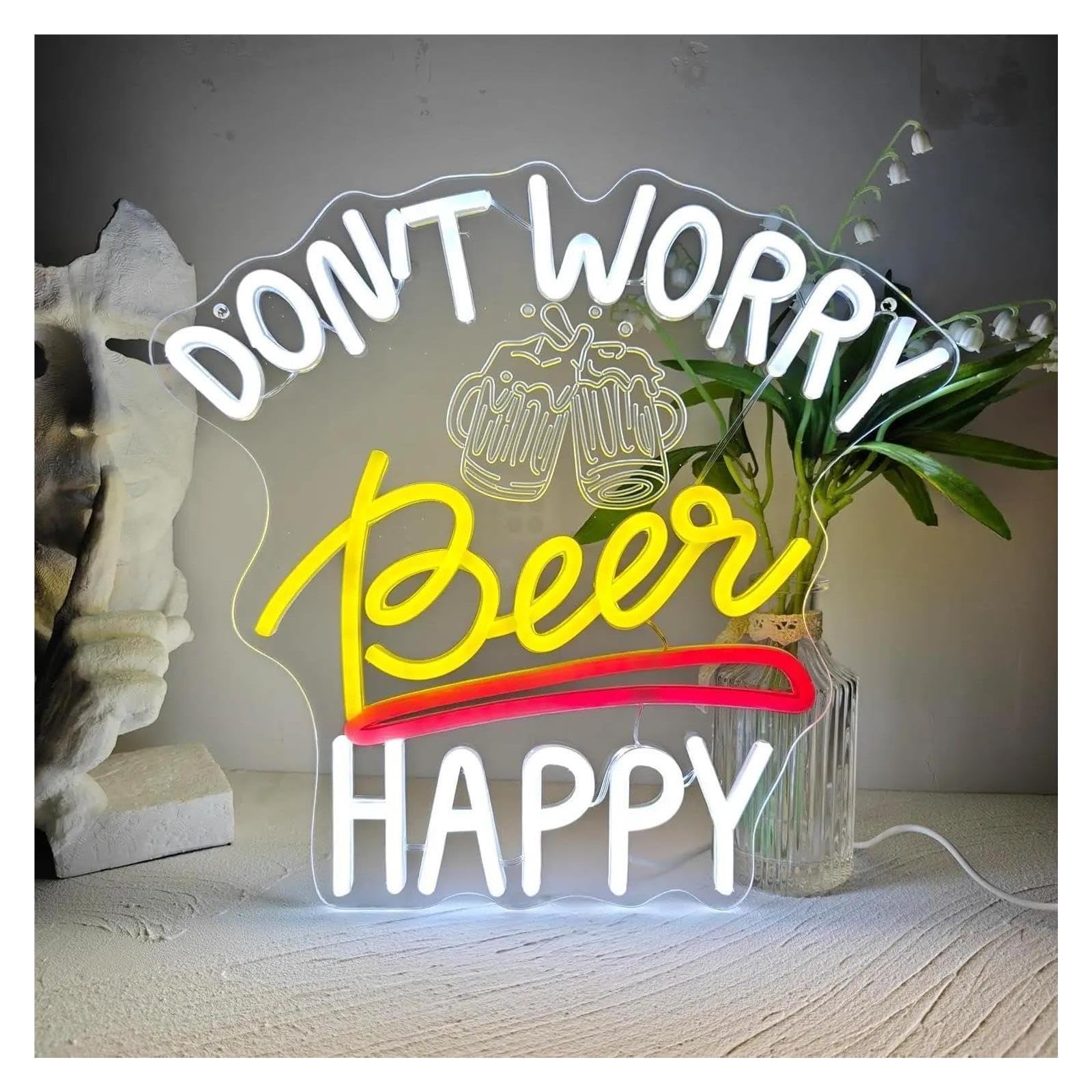 Insegna al Neon Insegna Al Neon Don't Worry Beer Happy | Luce LED Dimmerabile USB Per La Casa Bar Man Cave Pub Party Nightclub Decor 39cmx42cm