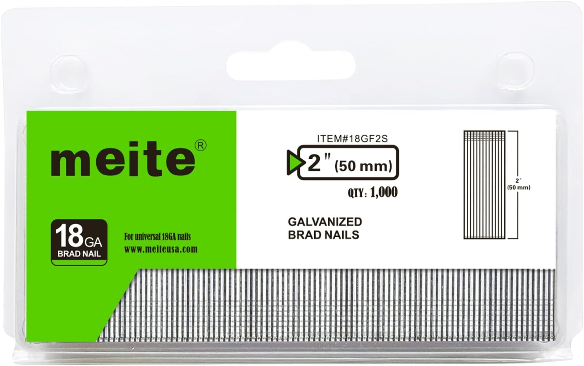 meite 18 Gauge Brad Nails, 2 Inch 18GA Brad Nails Galvanized Small Finishing Nail Gun Nails for Pneumatic, Electric Brad Nailer Gun (1,000 Counts)