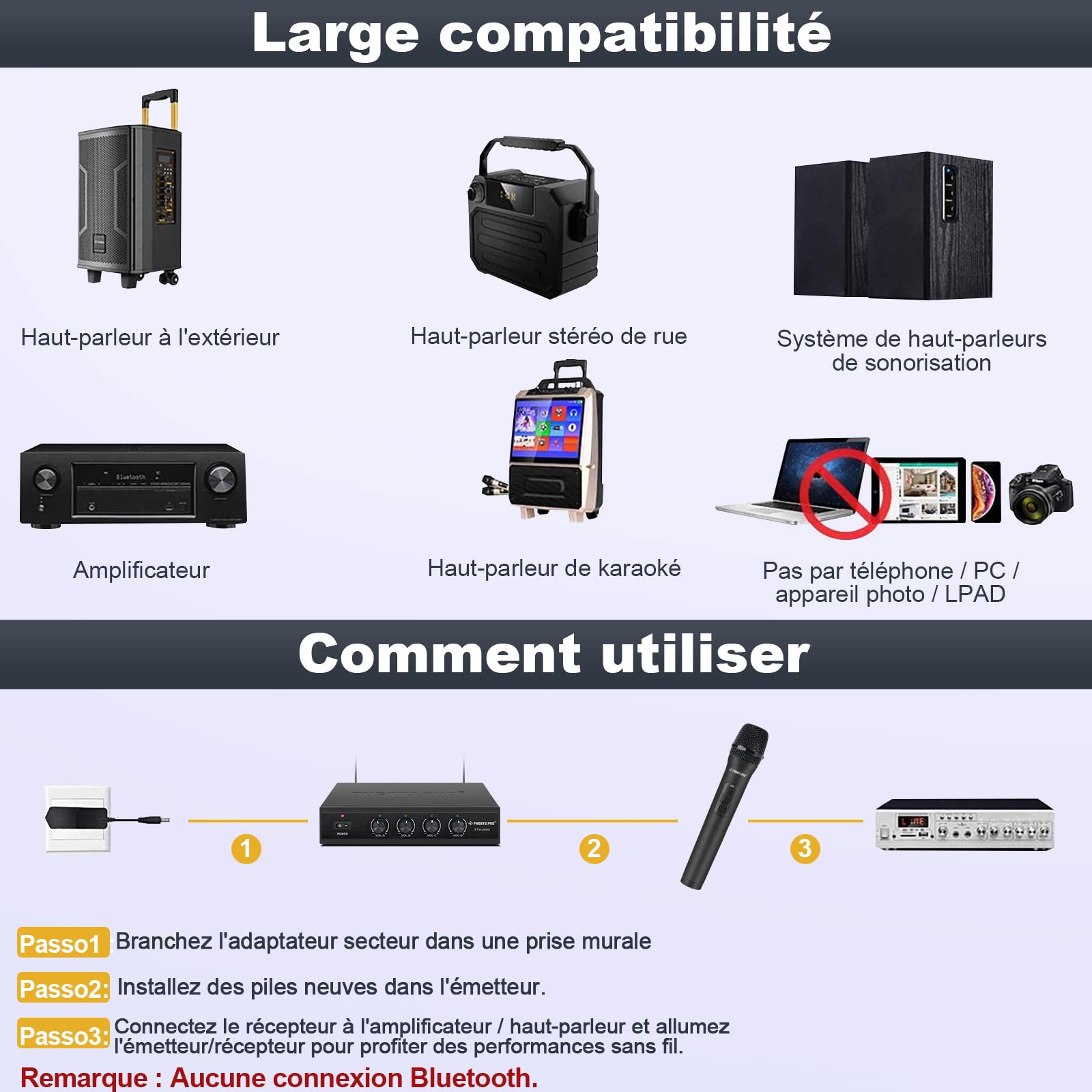 Phenyx Pro Système de Micro sans Fil, micros sans Fil VHF 4 canaux, avec 4 Microphones dynamiques Portables, récepteur en métal, Longue portée, Microphone pour Chanter, karaoké (PTV-2000A)