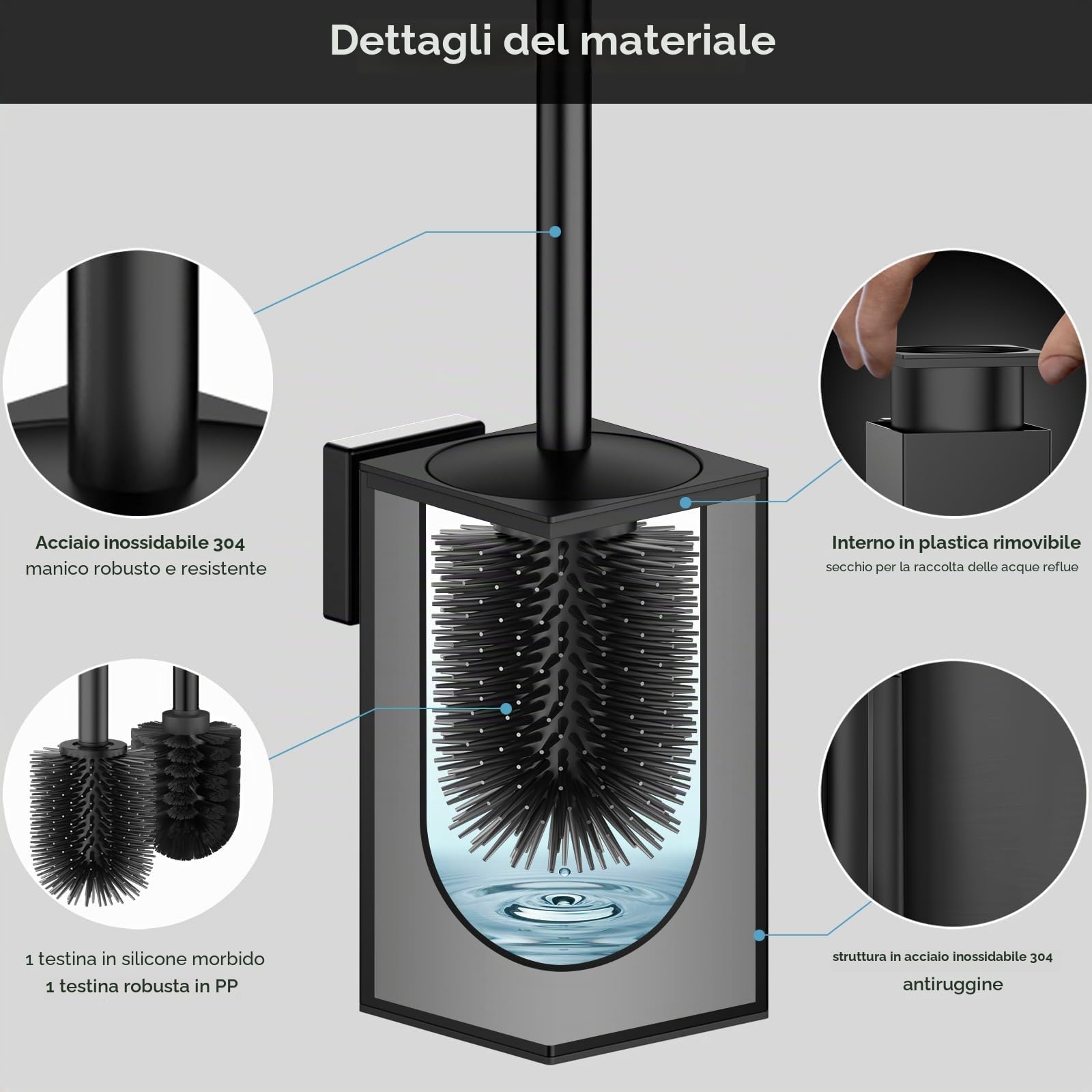 Scopino per WC con montaggio a parete, scopino in silicone e supporto, scopino quadrato in acciaio inox 304, con 2 testine (quadrate nero)