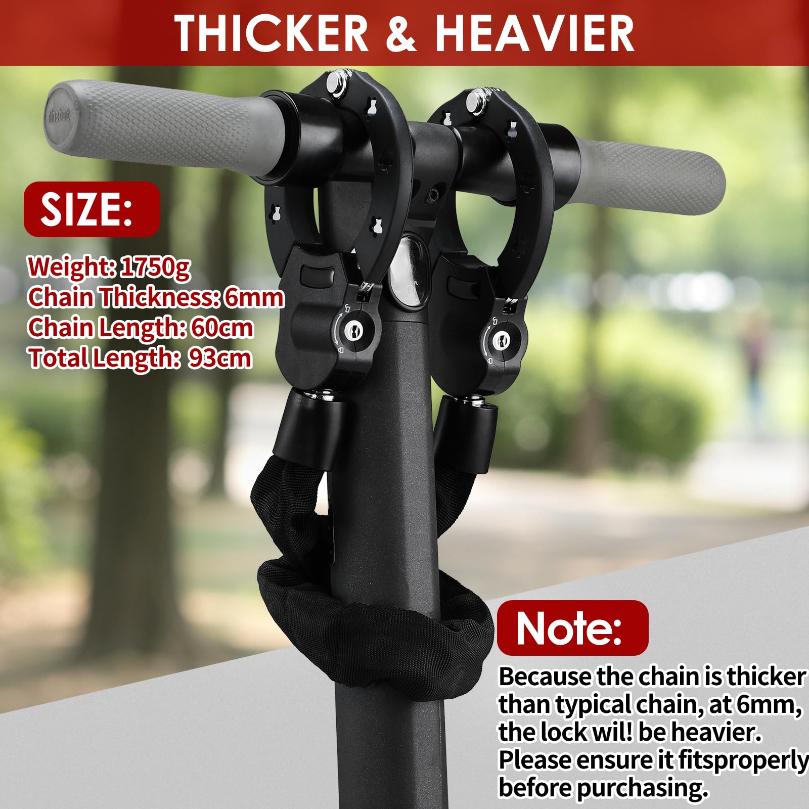 TLGREEN Antifurto Trotinette Elettrico, 93 cm Robusto Antifurto Catena Velo | 6 mm Catene, con Chiavi, Borsa Impermeabile, Lucchetto Velo Antifurto per Scooter, Biciclette, Moto, Cancello, Recinzione