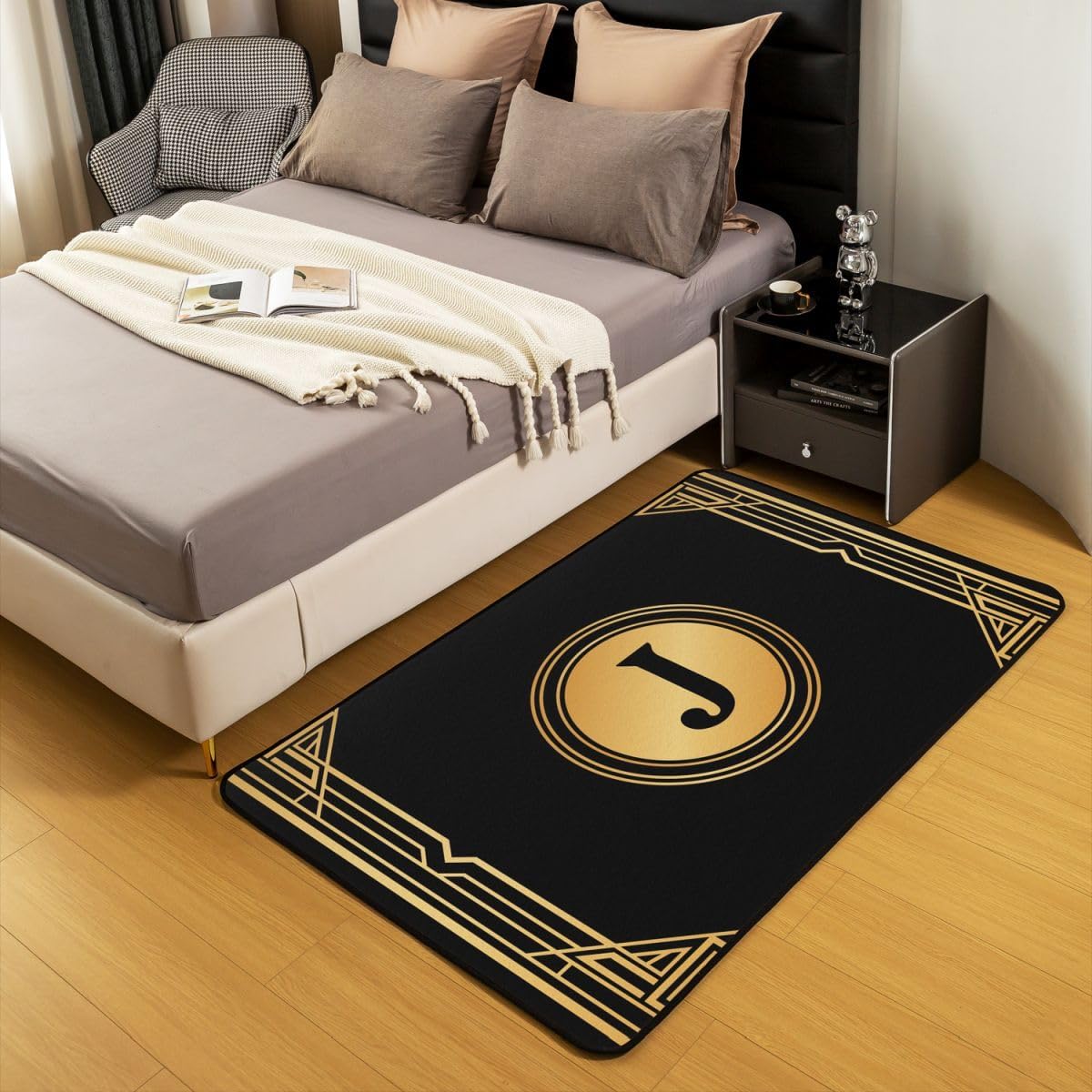 Erosebridal Geometric Area Rug 4'11" x 3'3" Letter J Living Room Rugs Men's Gift Simple Circular Decorative Carpet Lines Black Gold Alphabet Indoor Floor Mat