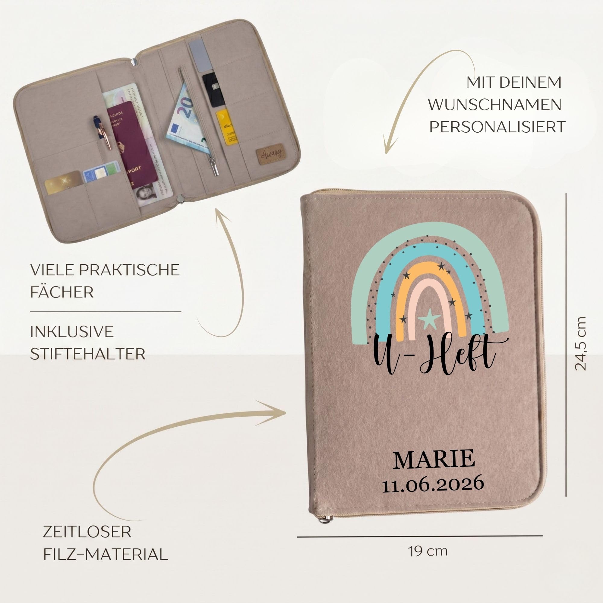 Personalisierter Organizer Filz mit Name, Familienorganizer Mutterpasshülle Dokumententasche, U-Heft Hülle Regenbogen
