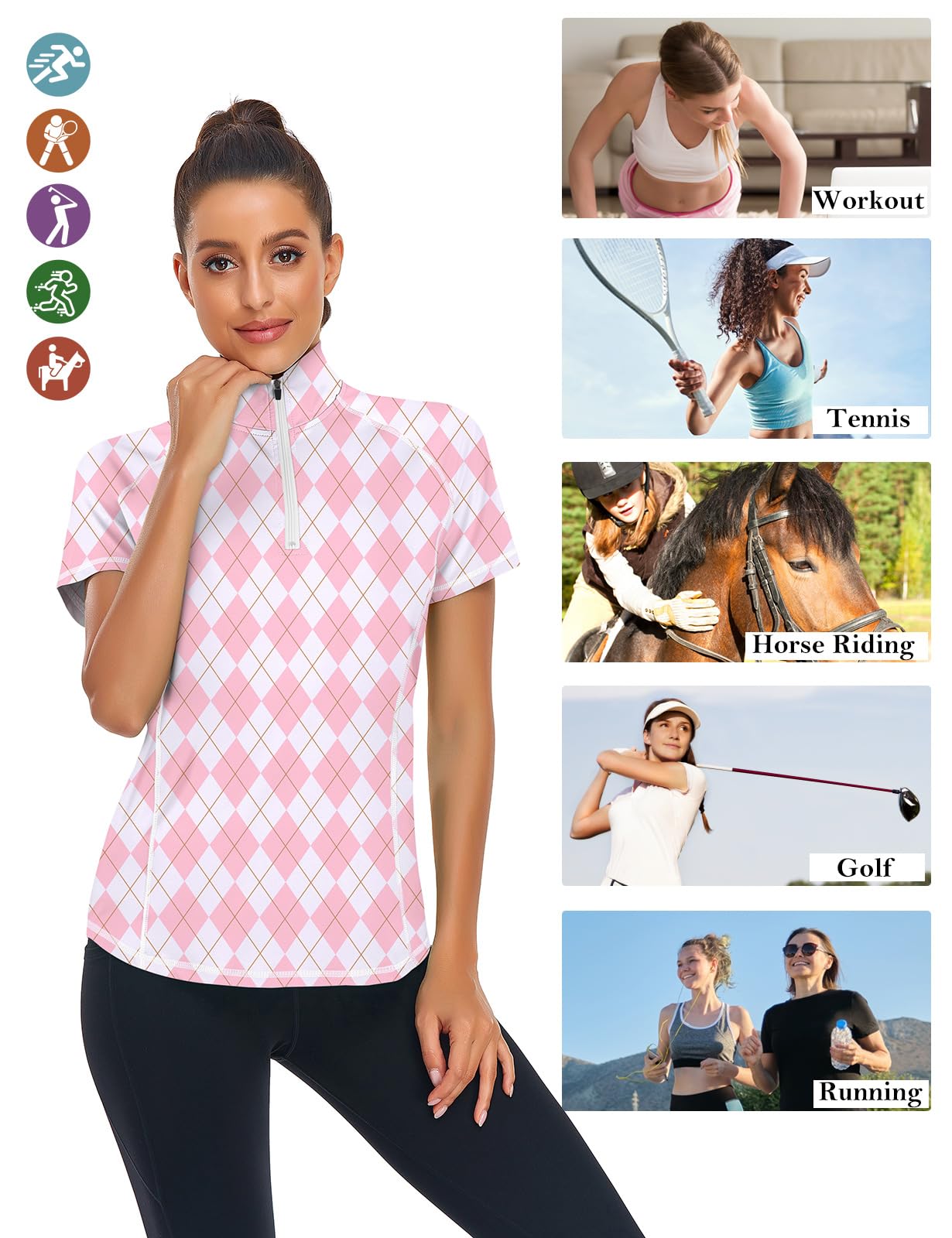 Syphiby Polo de sport à manches courtes pour femme, fermeture éclair 1/4, évacuation de l'humidité, haut de golf, sport, entraînement, course à pied, T-shirt S-XXL