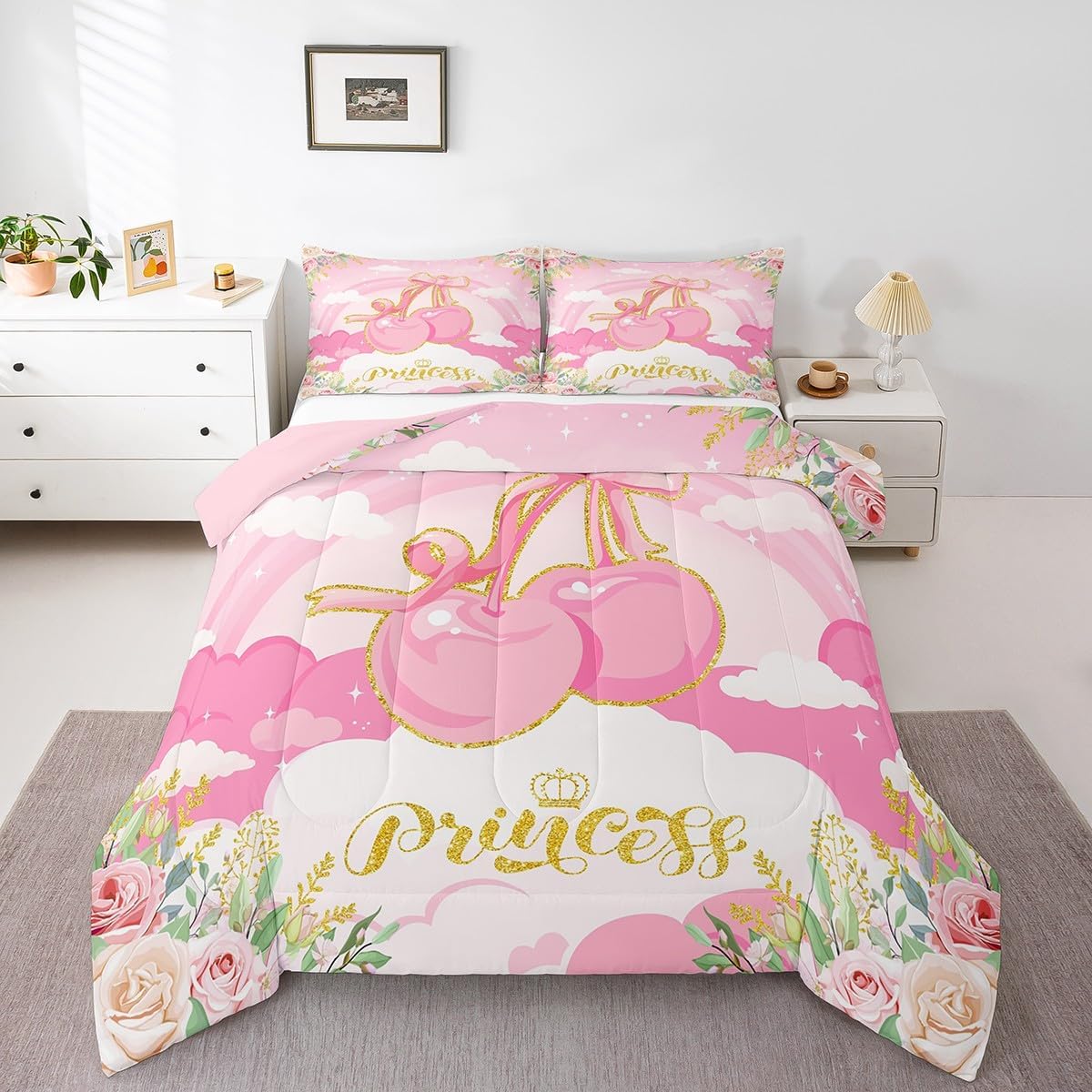 Pink Gold Cherry Kids Comforter Set Queen Size,Cute Girly Bowknot Bedding Set,Girls Women Children Room Decor,Pink Princess Style Down Comforter,3D Watercolor Flowers Duvet Insert,2 Pillowcases