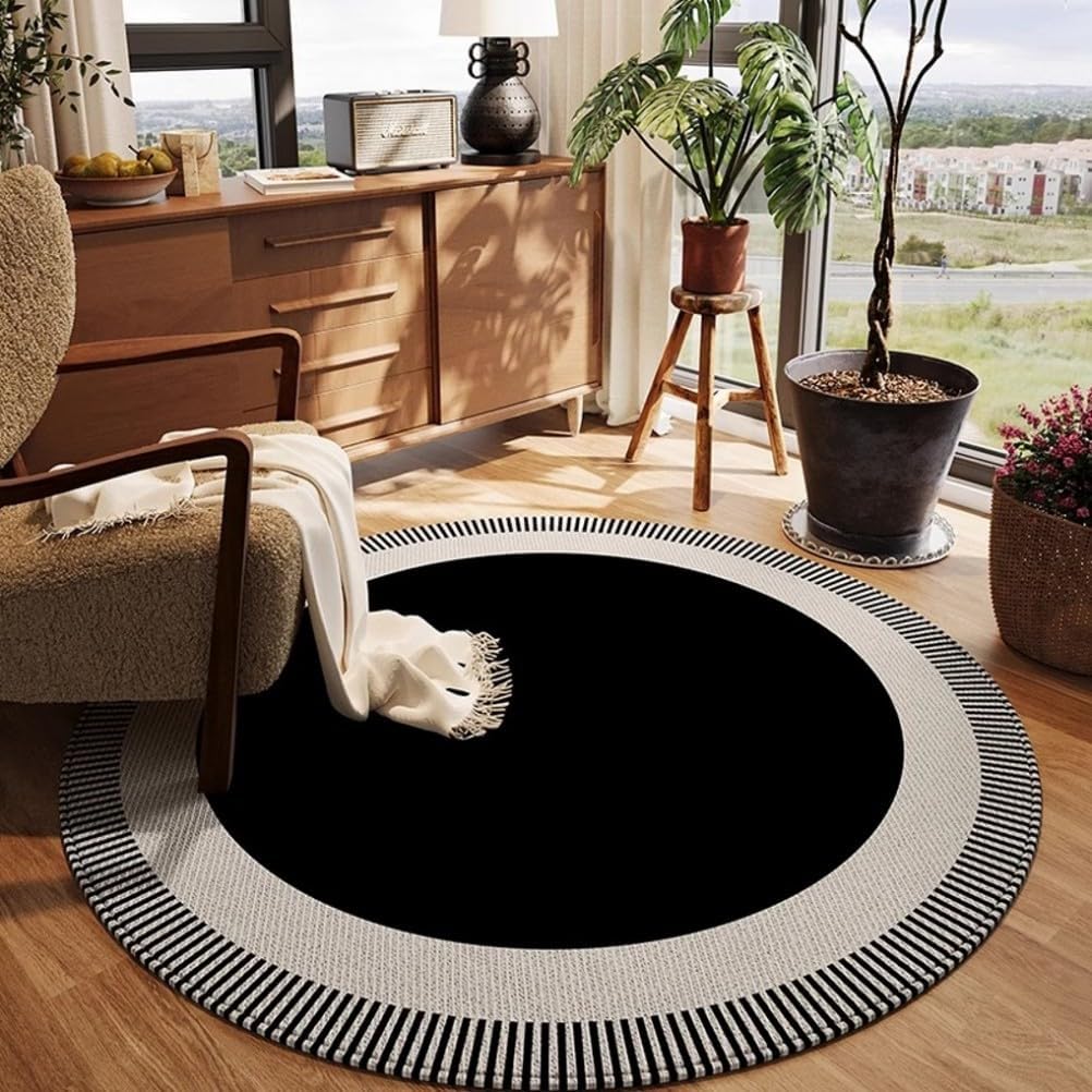 Black Beige Stripe Pattern Modern Simple Stylish Round Area Rug 7x7 Ultra Soft Wool Waterproof Fluffy Rug for Bedroom Dorm Diningroom Unique Deco Rug Guestroom Office Kitchen Indoor Floor Carpet