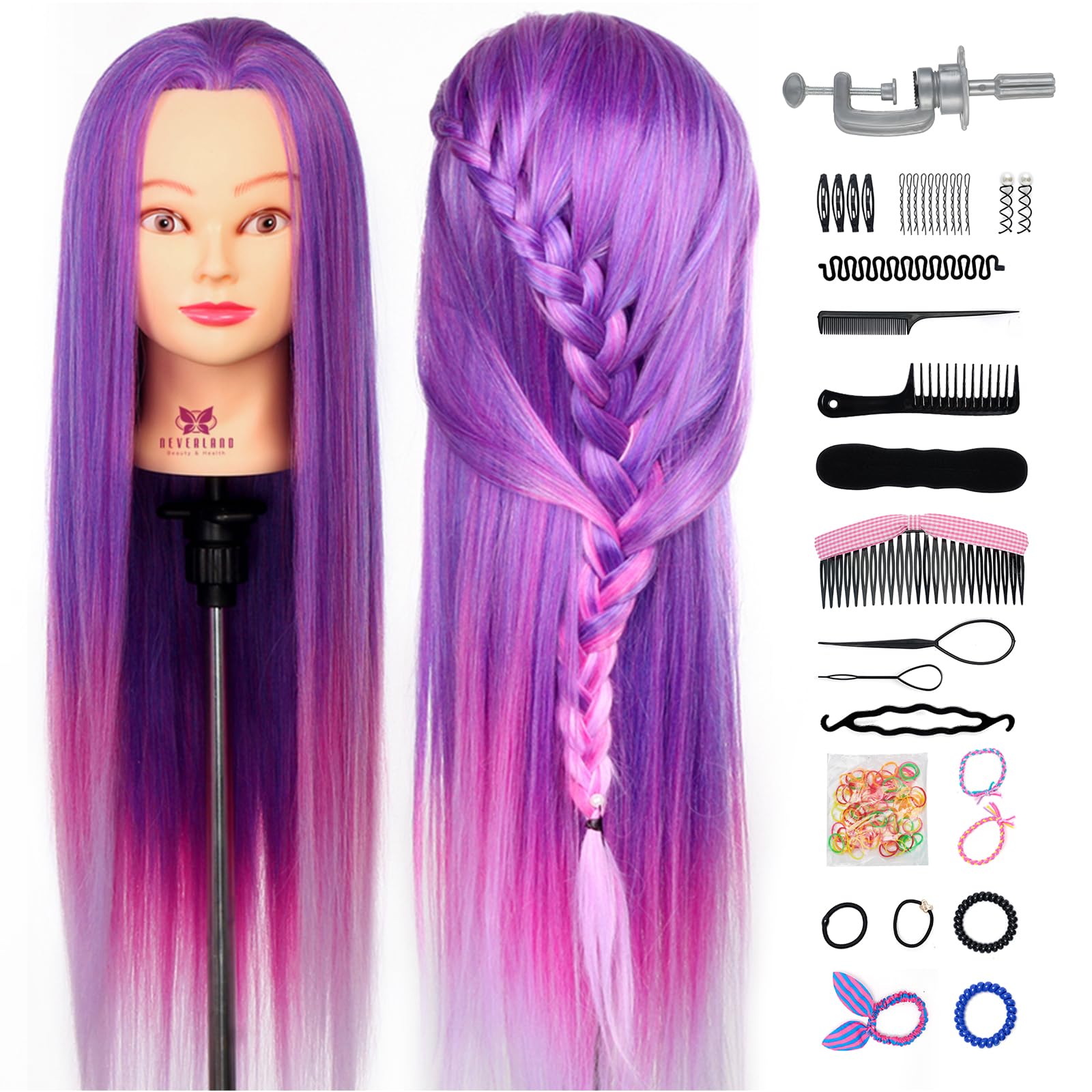 Neverland Cabello para prácticas de peluquería, pelo sintético 64 cm, pelo lila de ensueño, juego de estilizados de trenzas.