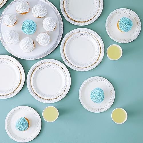 Miniatura 2 de Juvale Juego de vajilla desechable de lunares de 150 piezas, color blanco y plateado, incluye 50 platos de cena de 9 pulgadas y 50 platos de