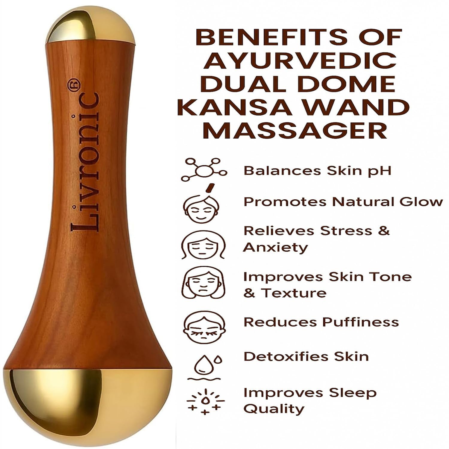 Livronic® Premium Bronze Kansa Wand | 2-in-1 Ayurvedic Facial & Foot Massage Tool | Teak Wood Handle for Detoxification, Relaxation & Puffiness Reduction,Full Body Massage,Sculpting Tool (Dual Side) 1