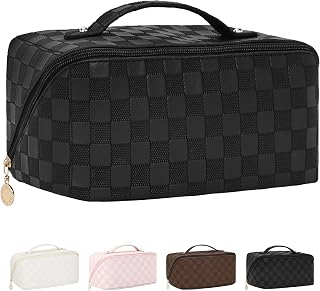 Large Capacity Travel Cosmetic Bag Makeup Bag Checkered Leather Makeup Bag Organizer Women Portable Toiletry Bag Flat Lay Everything Cosmetic Bag Black