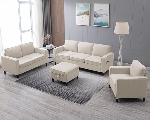PUREMIND Juego de sofás de 3 piezas, juego de sofás con patas de sofá de madera, muebles de sala de estar de lino con otomana de almacenamiento y
