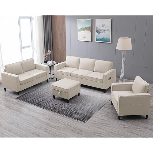PUREMIND 3 Piece Living Room Sofa Sets, L Sectional Couch and Loveseat and Armchair Set, Modern 3 Seater Sofa with Storage Ottoman+ 2 Seater Couch+ Accent Chair Furniture Set for Apartment