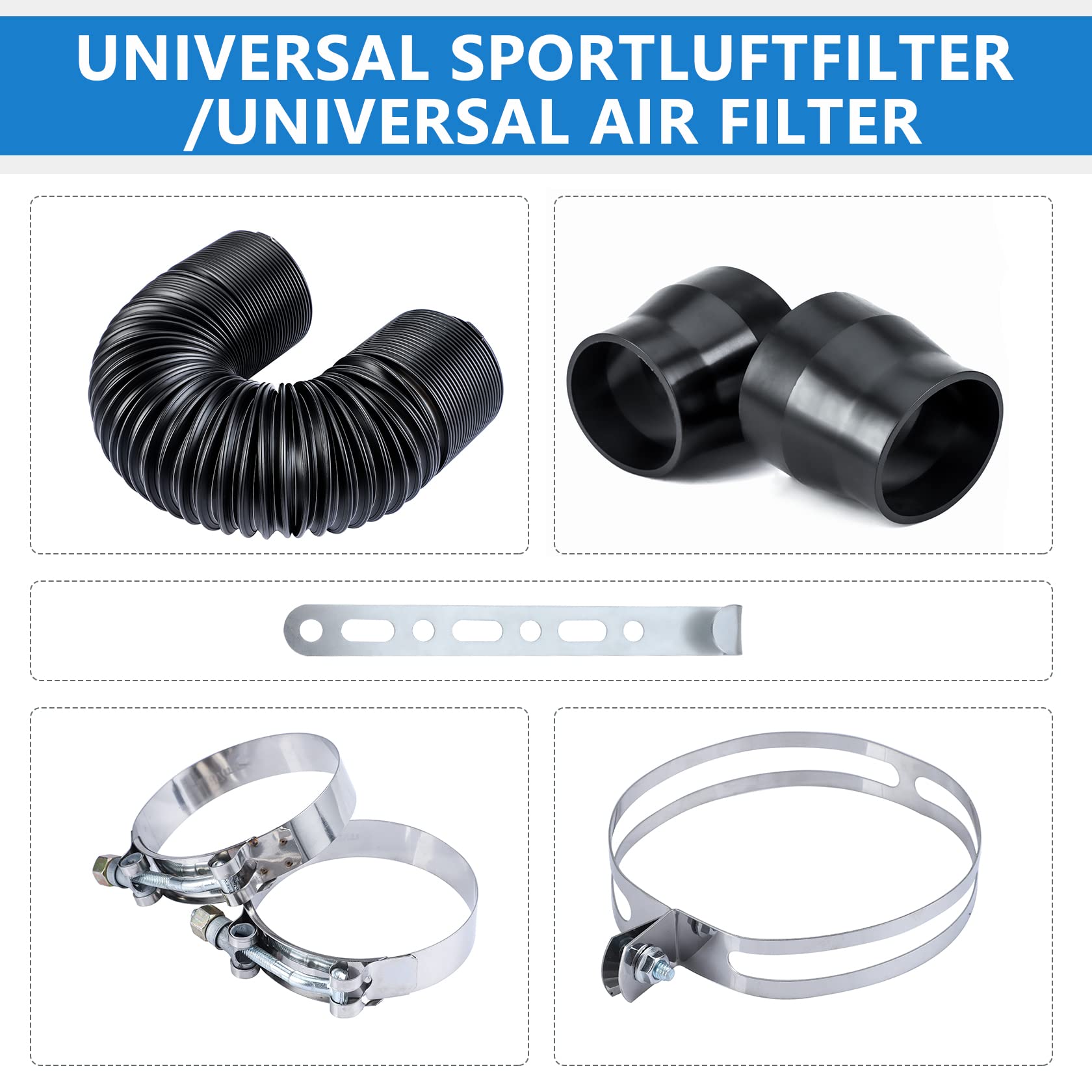 CarBole Sportluftfilter 76mm,Kalten Lufteinlass Kit,Autoluftfilter,mit Luftfilteradapter und Klemmen und Halterung,Luftansaugleitung 225mm