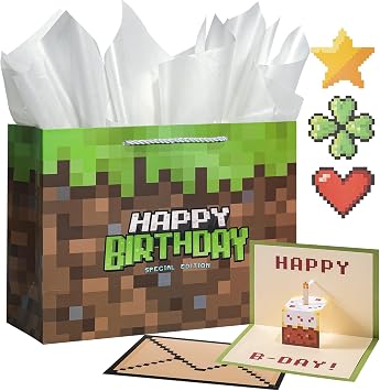 Crisky Large Video Game Birthday Bags with 3D Pop Up Cake Card, Tissue Papers, Pixel Boys Birthday Gift Bag for Teens Girls Men Women Gamer Party Decorations