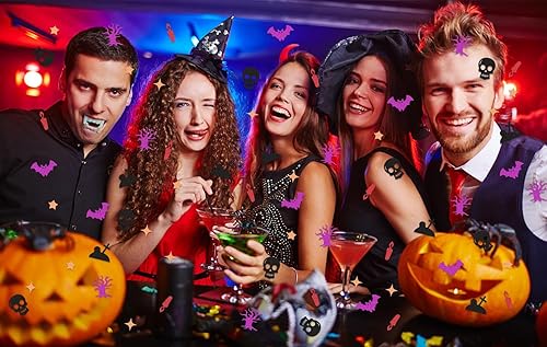 Vista 20 de Hying 200 decoraciones de confeti de Halloween para mesa, murciélagos de Halloween, calavera, lentejuelas, purpurina, negro, morado, confeti, árbol