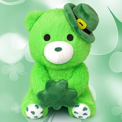MUFEIRUO Oso de peluche del día de San Patricio para niños, bonito oso de peluche verde con trébol de 3 hojas, decoración del día de San Patricio,