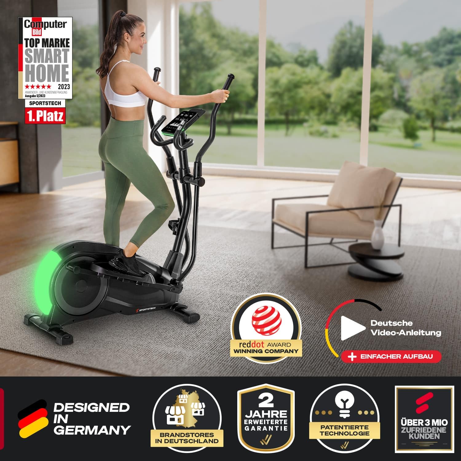 Sportstech CX700 Crosstrainer für Zuhause, Ellipsentrainer für Zuhause, Stepper Alternative mit 24 kg Schwungmasse, 24 Widerstandsstufen, leise, App, Bluetooth, Pulssensor, LCD Display, LED