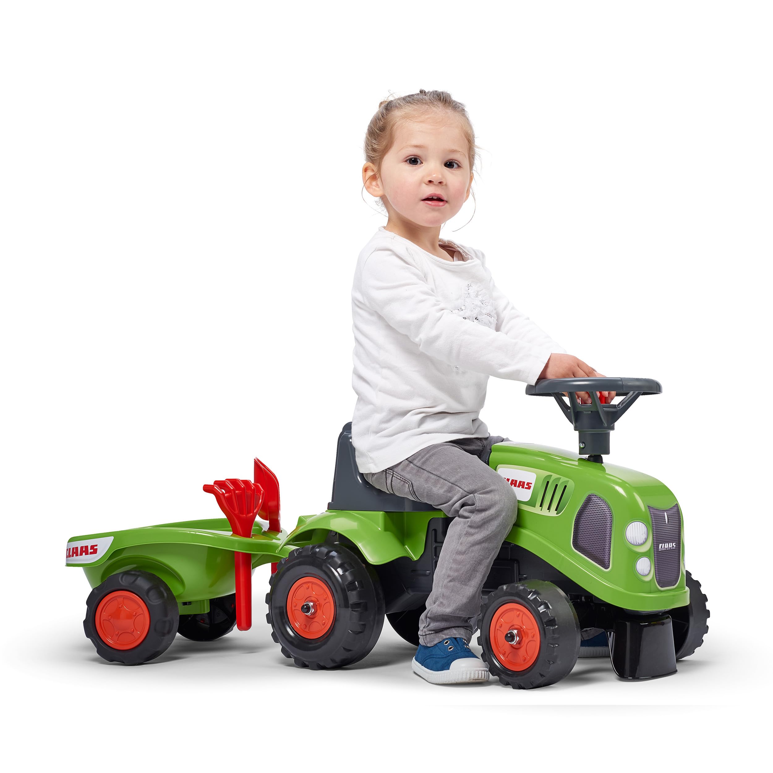 Falk Claas Traktor mit Anhänger, Rechen und Schaufel, 2 Sets Aufkleber, Rutschspielzeug für Kleinkinder + 1 Jahr FA212C