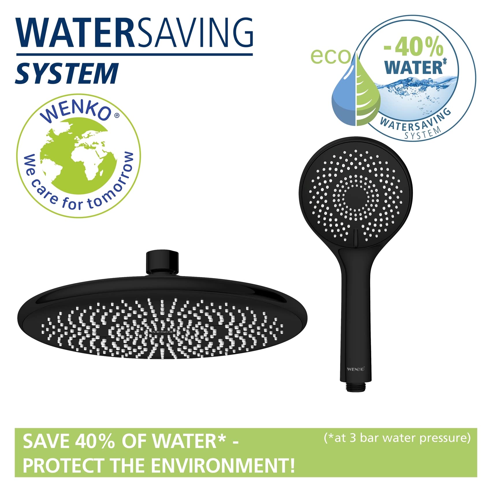 WENKO System prysznicowy Watersaving, drążek prysznicowy ze stali nierdzewnej z deszczownicą i słuchawką, łatwe podłączenie do istniejących armatur, regulacja wysokości (75-120 cm), kolor czarny