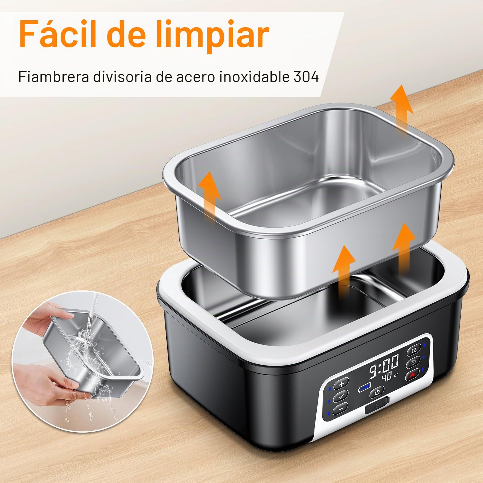 Fiambrera Eléctrica Inalámbrica, Taper Electrico para Comida con Calentamiento Programado, Para Oficina, Obra, Cámping, Coche, Lunch Box Adultos de 1,5 L| Fiambreras Comida Trabajo con batería