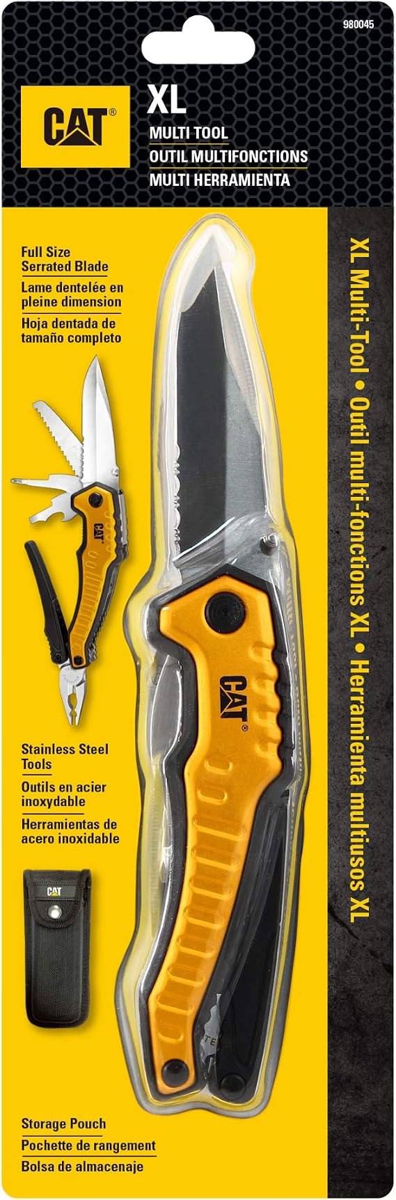 Caterpillar Multi Function Tool 9-in-1, X-Large, Long Nose Pliers, Wire Cutter, Knife, Bottle Opener, Screwdriver, Saw Blade, with Pouch - Yellow 980045