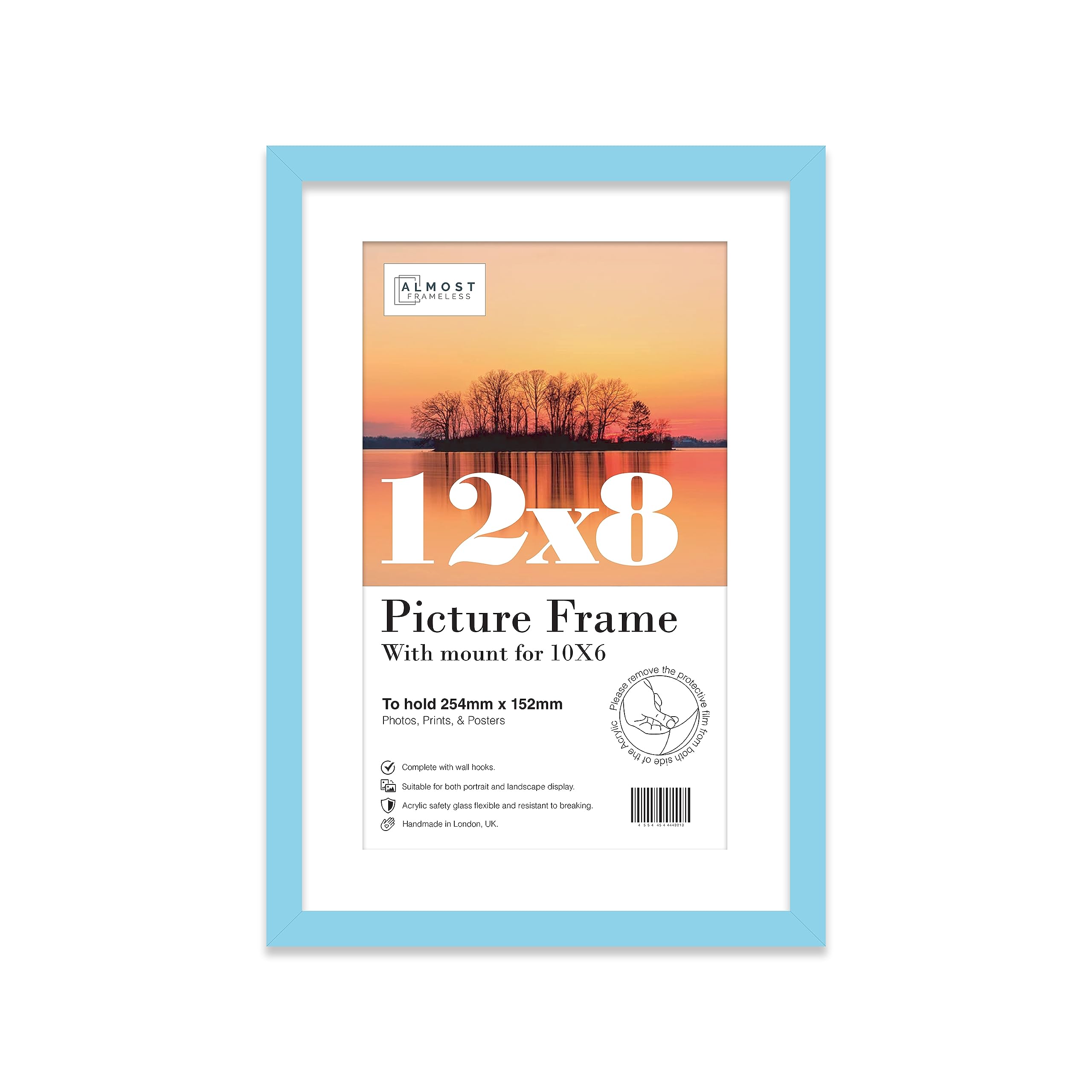 Almost Frameless 12x8 Light Blue Picture Frame With Mount for 10x6 Print, Poster or Photo Poster, Photo, Artwork, or Print. Thin Edge Slim Frame Portrait and Landscape Display with Wall Hooks