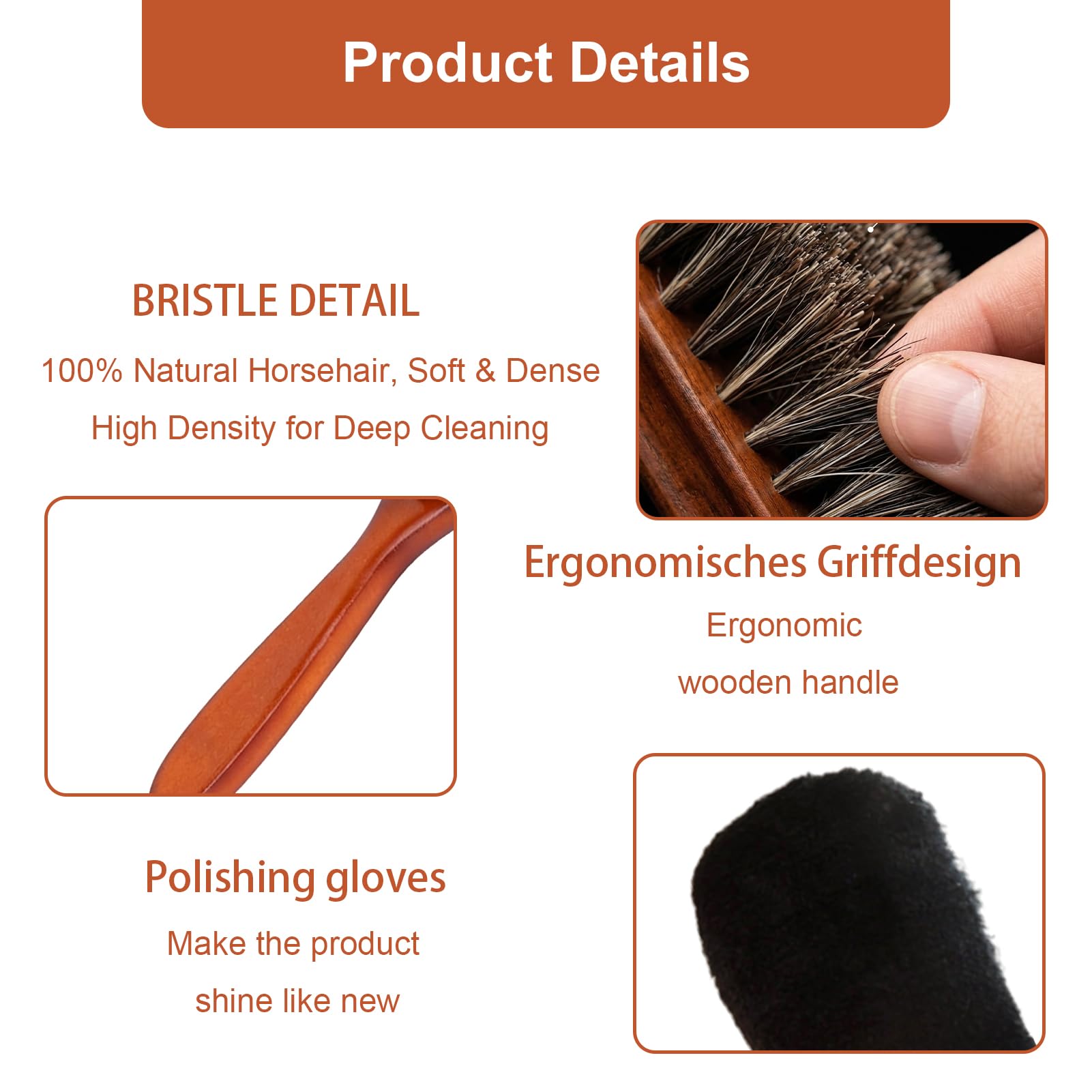 Kit Cuidado del Cuero 3 Piezas - Cepillos de Crin de Caballo Natural y Guante de Pulido - Set de Limpieza y Brillo para Zapatos, Botas, Bolsos y Asientos de Coche