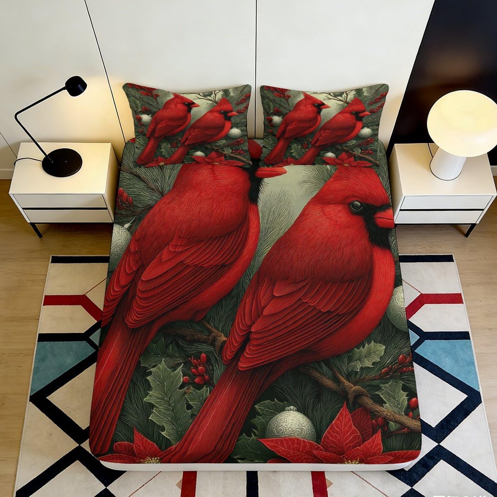 3D Printed Red Cardinal Bird Fitted Sheet Microfiber Soft Breathable Christmas Berry Mattress Cover for Bedroom Home Decor 90x200x25cm
