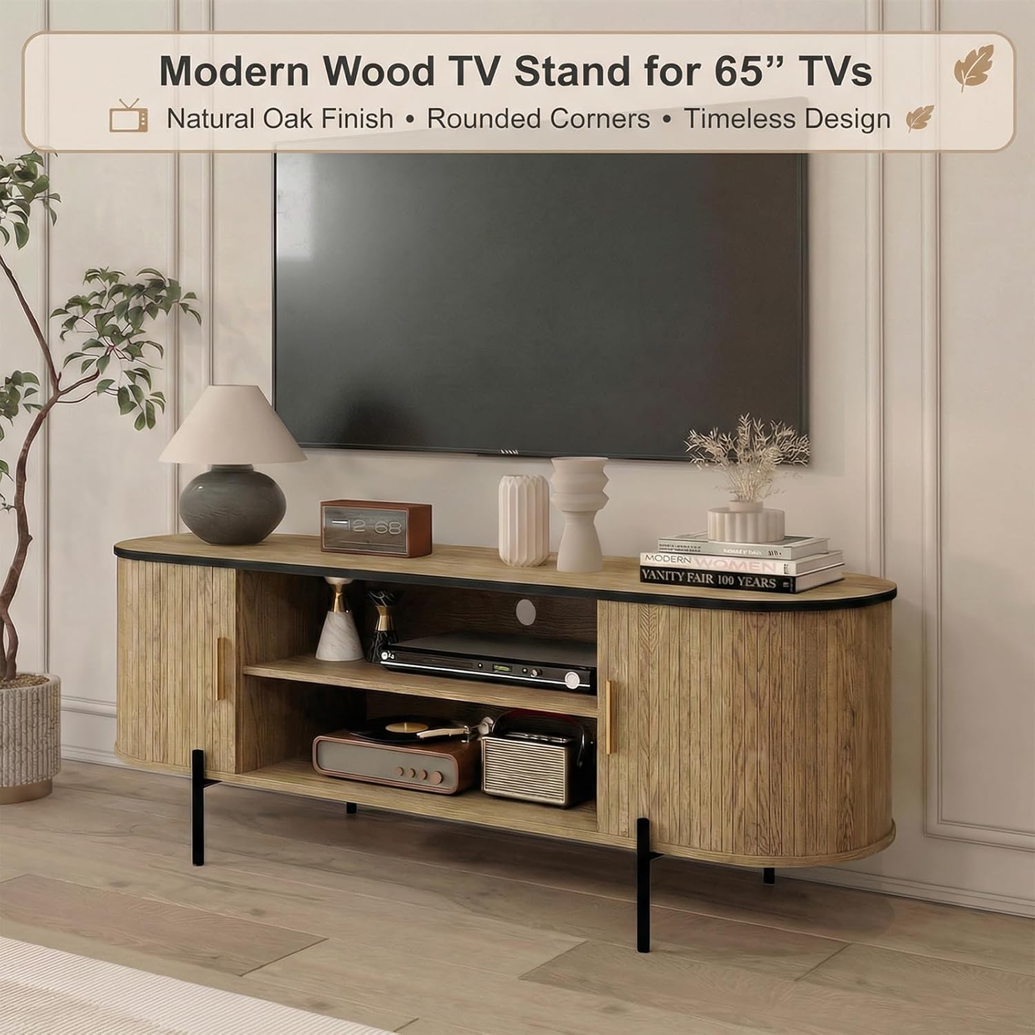 63" Mid Century Modern Oak TV Stand, Media Console with Sliding Doors, Sturdy Metal Legs, Rounded Corners, Natural Oak Finish Entertainment Center for Living Room
